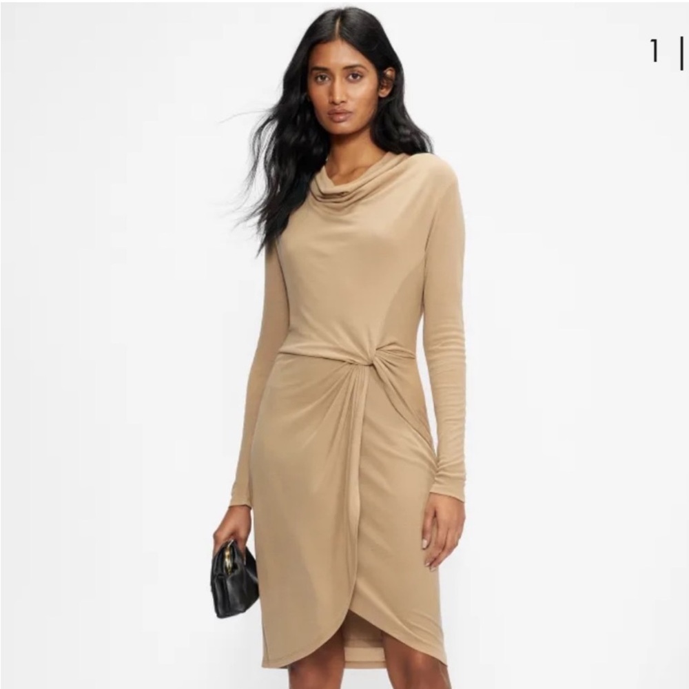 Ted Baker Neyda drape jersey wrap dress, typically found in tan colored jersey